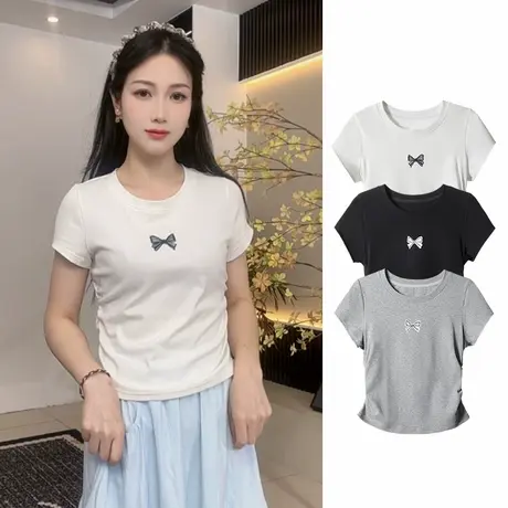 乡美媚2025新款蝴蝶结印花修身t恤设计感收腰显瘦小众透气短袖女商品大图