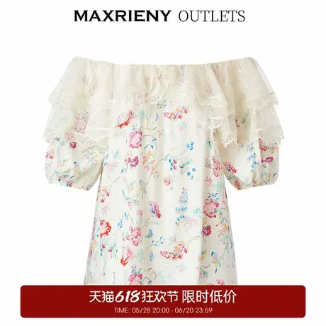 【奥莱】MAXRIENY碎花一字肩蕾丝衫梭织印花上衣图片
