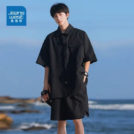 N5真维斯男士短袖衬衫套装2025夏季新款设计款休闲运动夏天两件套商品大图