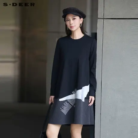 sdeer圣迪奥女装圆领撞色字母拼接长袖连衣裙S24381207商品大图