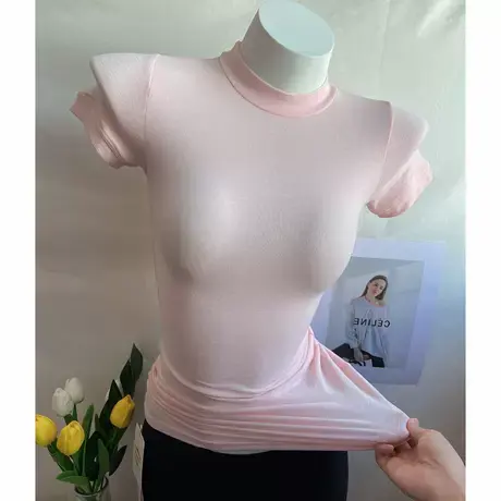 ins夏季冰淇淋粉紧身弹力显胸大上衣女性感微透薄款短袖t恤包身潮图片