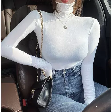 2021春季新款修身显胸高领纯色打底衫洋气百搭长袖t恤女上衣商品大图