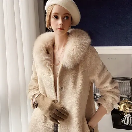 粉红大布娃娃大衣中长款女2021新款冬季时尚百搭狐狸毛领皮草外套商品大图