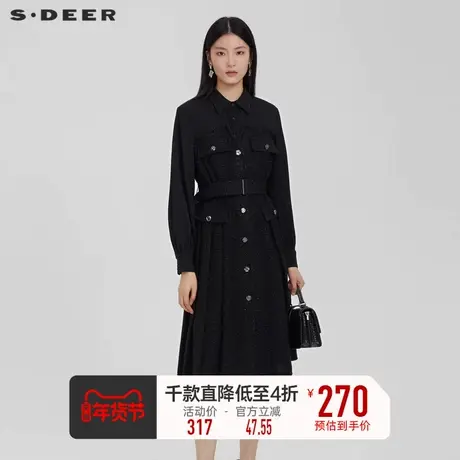 sdeer圣迪奥女装翻领拼接收腰格纹衬衫气质连衣裙春秋女S231Z1225图片