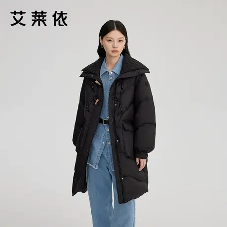 艾莱依新款羽绒服中长款大衣通勤防风保暖翻领面料牛角扣拼接外套商品大图