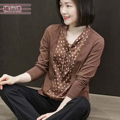 2025春季新款韩版简约飘带领波点拼接假两件长袖T恤女装外穿上衣商品大图