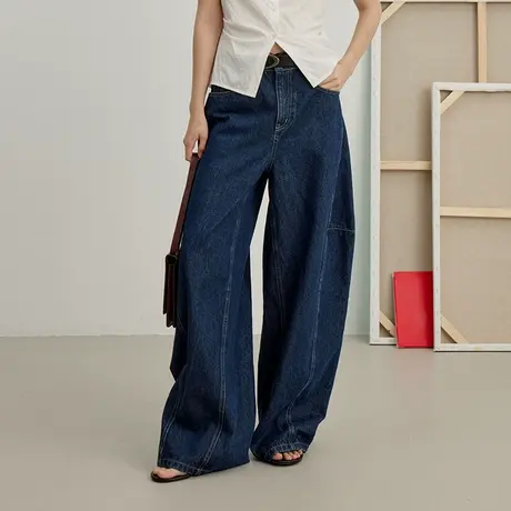omont蛋挞家 复古做旧牛仔裤高腰宽松阔腿香蕉裤商品大图