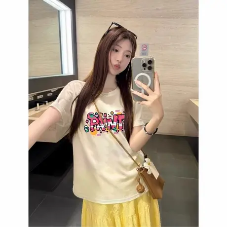 夏季设计感字母印花100%纯棉短袖t恤女宽松慵懒oversize半袖上衣商品大图
