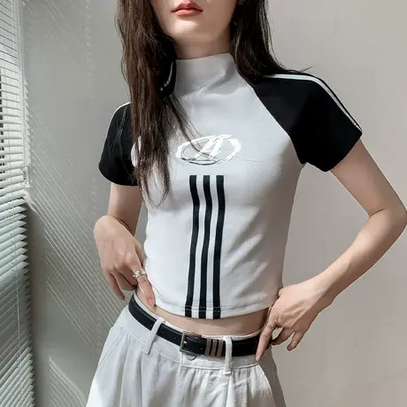 歌倍尚三条杠条纹短袖T恤女2025春季新款拼色中领字母短款上衣商品大图
