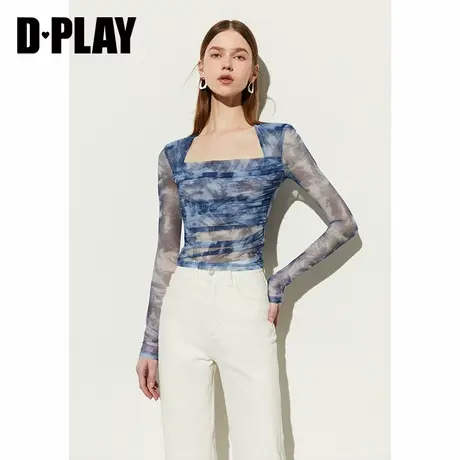 DPLAY夏季蓝色印花方领上衣褶皱弹力小衫t恤上衣女网纱上衣图片