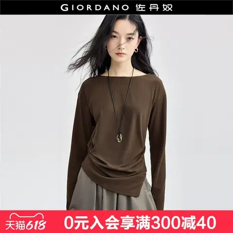 佐丹奴长袖T恤女不规则下摆设计感船领竖纹修身打底衫女18324623图片