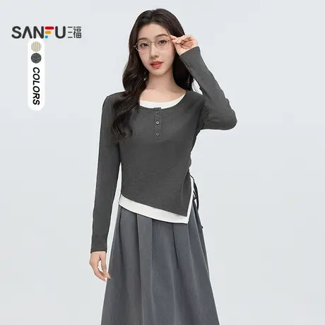 三福长袖T恤2025春季小众别致侧边抽绳撞色假两件上衣女装495507图片
