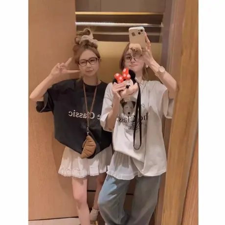 夏季韩版灰色宽松可爱小狗短袖t恤女2025新款舒适圆领百搭上衣ins商品大图