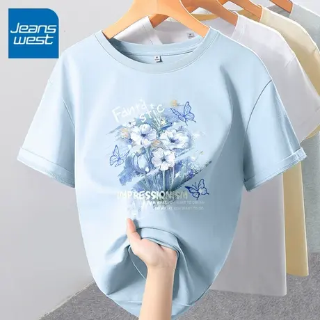 KV真维斯蓝色女款t恤2025夏季 韩版圆领流行纯棉短袖别致宽松上衣商品大图