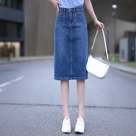 中长牛仔A字裙女夏季薄款宽松显瘦包臀裙高腰开叉休闲百搭半身裙商品大图