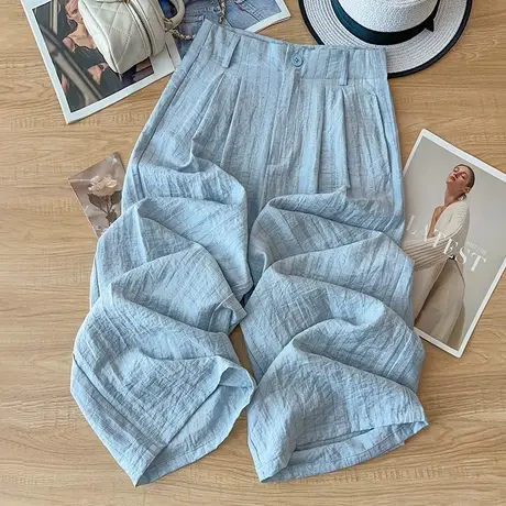 拉夏贝尔蓝色条纹阔腿裤女夏薄款2025新款小个子棉麻宽松直筒裤图片