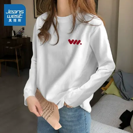 NOB真维斯青少年纯棉白色长袖t恤女2025新款宽松大码春秋内搭上衣商品大图