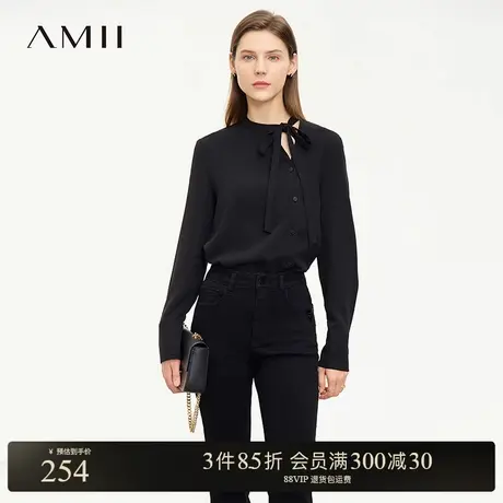Amii秋款通勤不对称绑带小立领斜门襟雪纺衫女撞色纽扣上衣图片