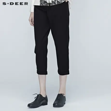 sdeer圣迪奥春装女装简约暗褶黑色高腰卷边七分休闲裤S20380819图片