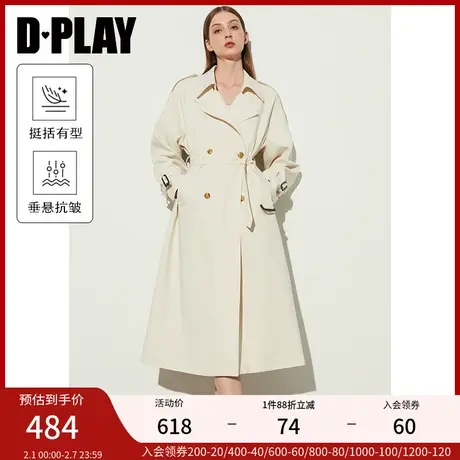 DPLAY2025年春季气质通勤白色风衣翻领双排扣长款长袖风衣外套女图片
