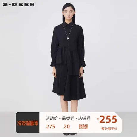 sdeer圣迪奥衬衫连衣裙翻领抽绳拼接不规则连衣裙秋冬S21461227图片