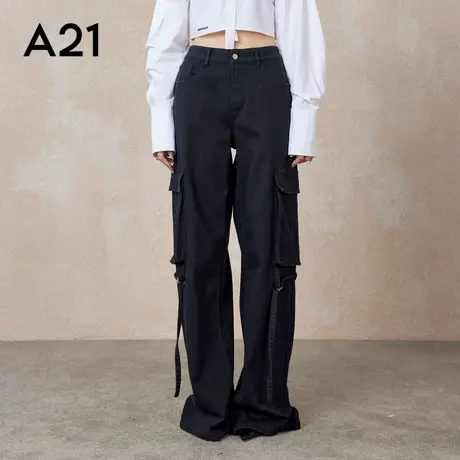 A21女装宽松弹力中腰阔腿牛仔裤春秋季美式高街大口袋拖地工装裤商品大图
