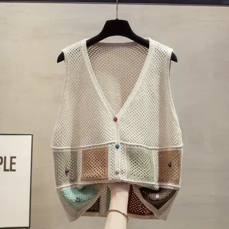 镂空v领针织开衫马甲背心女2025春秋新款宽松外穿马夹毛衣坎肩潮商品大图