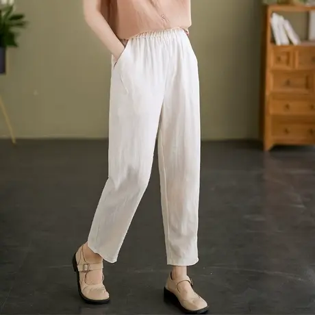 中年妈妈棉麻裤夏季薄款大码松紧腰休闲裤文艺复古亚麻直筒九分裤商品大图