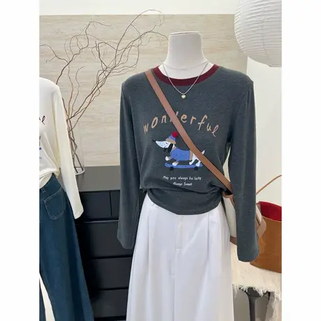 圆领长袖t恤女士秋冬2024新款韩系套头宽松小狗印花打底衫上衣服图片