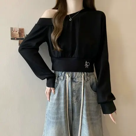超火cec斜领露肩不规则卫衣女早秋薄款韩版宽松显瘦短款正肩上衣图片