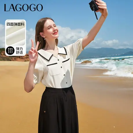 LAGOGO米白色V领气质通勤衬衫女士拉谷谷夏季新款高级感短袖上衣商品大图