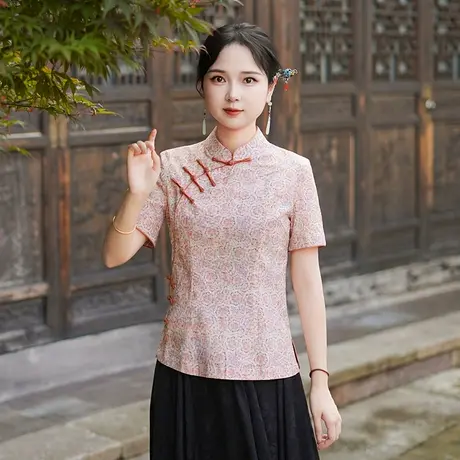 筠雅夏季新款中国风复古改良中式唐装女年轻款斜襟短袖上衣25J258商品大图