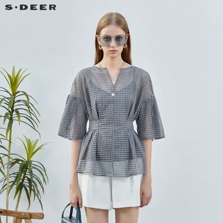 sdeer圣迪奥女装V领格子收腰吊带两件套短袖衬衫S232Z0475图片