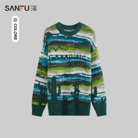 三福2023冬男士户外提花大廓形毛衣 宽松撞色圆领上衣男478098商品大图