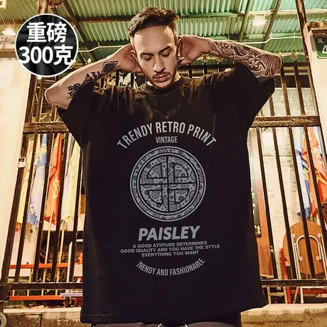300g美式重磅2025新款国潮短袖t恤街头大码复古做旧圆领潮牌半袖商品大图