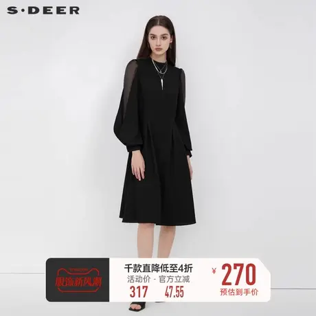 sdeer圆领网纱黑色泡泡袖连衣裙S223Z125X🗝商品大图