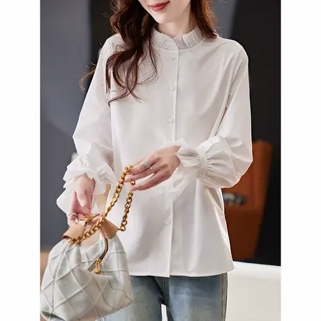 宝诗黎木耳边宽松长袖白衬衫女2025春季韩版简约百搭通勤棉质衬衣商品大图