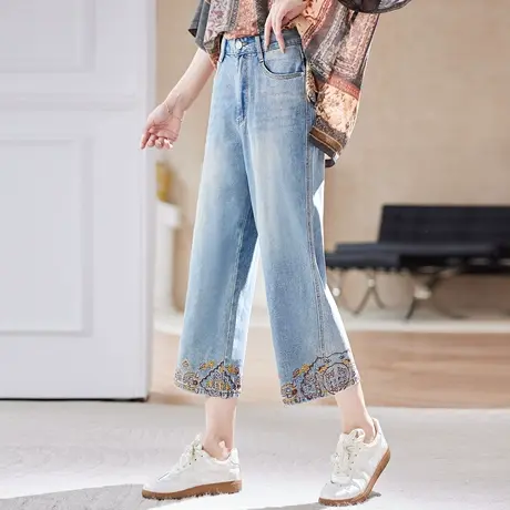 宝诗黎刺绣拼接七分牛仔裤女2025夏季洋气宽松阔腿百搭休闲直筒裤图片