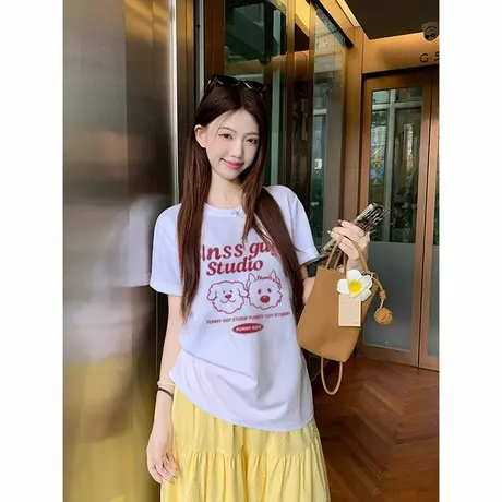小个子韩系宽松小众白色设计感纯棉短袖t恤女2025夏新款百搭上衣商品大图