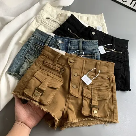 美式口袋毛边牛仔短女2025春季新款弹力修身高街阔腿A字工装热裤商品大图