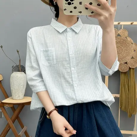 夏季韩版双层棉纱小清新格子中袖衬衫女宽松百搭文艺纯棉柔软短袖图片
