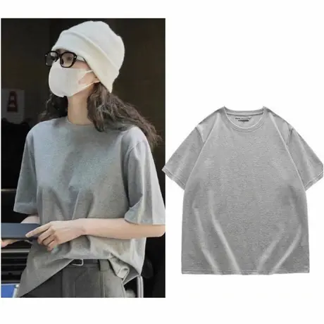 高级感纯棉百搭休闲简约风灰色t恤女2025宽松韩版正肩纯色打上衣图片