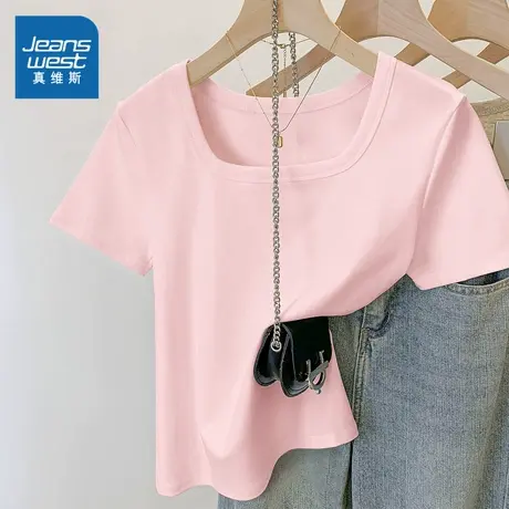 KMV真维斯方领短袖t恤女夏季新款正肩修身甜辣短款小个子美式上衣商品大图