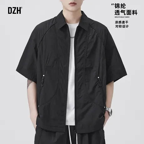 男士黑色工装冰丝短袖衬衫男2025新款美式衬衣宽松上衣运动速干衣商品大图