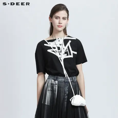 sdeer圣迪奥女装夏装圆领涂鸦印花开衩短袖T恤S21280141图片