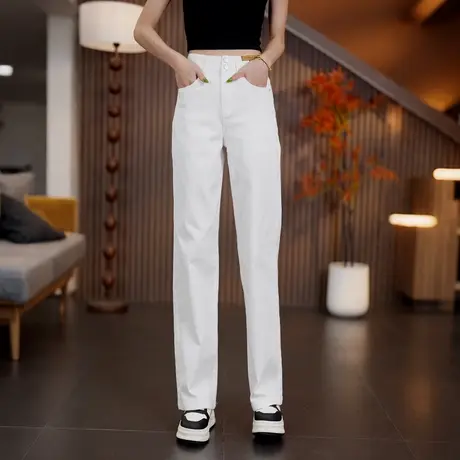 水洗棉软牛仔裤直筒裤女夏季新款轻薄阔腿裤高腰显瘦舒适休闲长裤商品大图