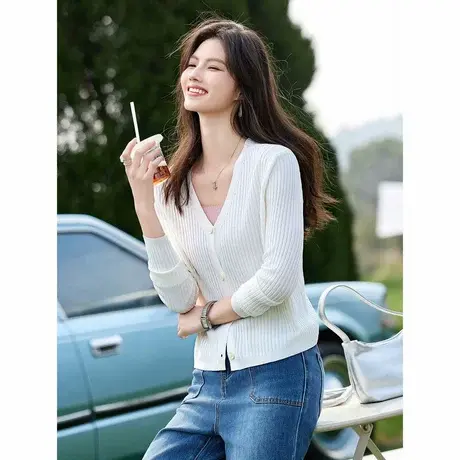时尚气质织衫2024年季新款女显瘦V领百搭休闲通勤针织开衫上衣商品大图