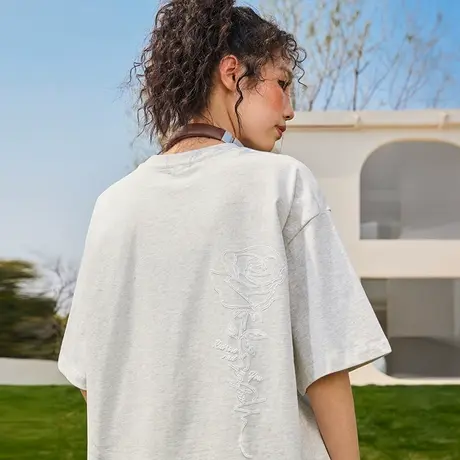 Nuthink玫瑰花短袖T恤美式潮牌复古印花宽松半袖情侣男女2025新款图片