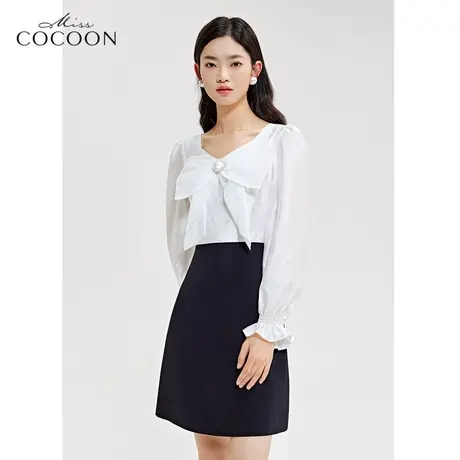 miss COCOON法式泡泡袖连衣裙女2023新款夏季蝴蝶结设计显瘦a字裙商品大图