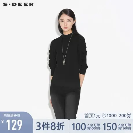 sdeer圣迪奥秋季新品罗纹泡泡袖黑色毛衣针织衫女S21363516图片
